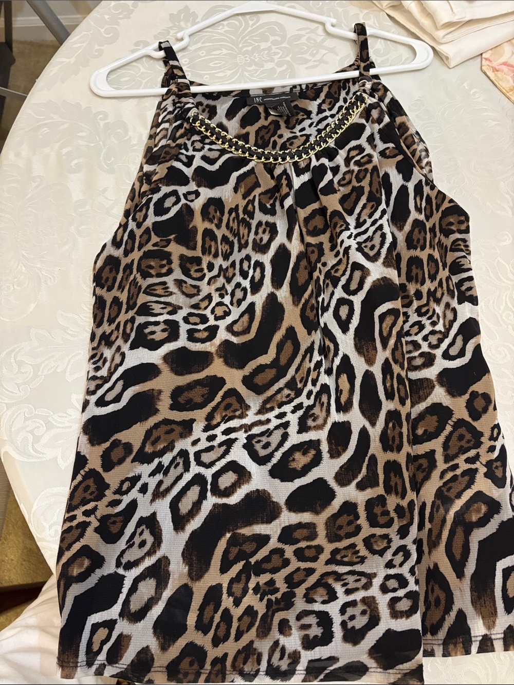 INC International Concepts Brown and Black Leopard Print Cami with Gold Chain